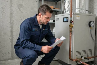 Technicien HVAC inspectant une pompe à chaleur eau-eau dans une chaufferie résidentielle