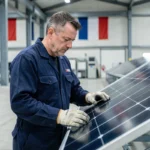 Technicien solaire inspectant un panneau photovoltaïque fabriqué en France dans une usine moderne