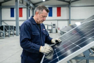 Technicien solaire inspectant un panneau photovoltaïque fabriqué en France dans une usine moderne