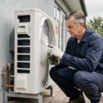 Technicien inspectant une pompe à chaleur air-air installée sur la façade d'une maison individuelle