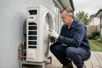 Technicien inspectant une pompe à chaleur air-air installée sur la façade d'une maison individuelle