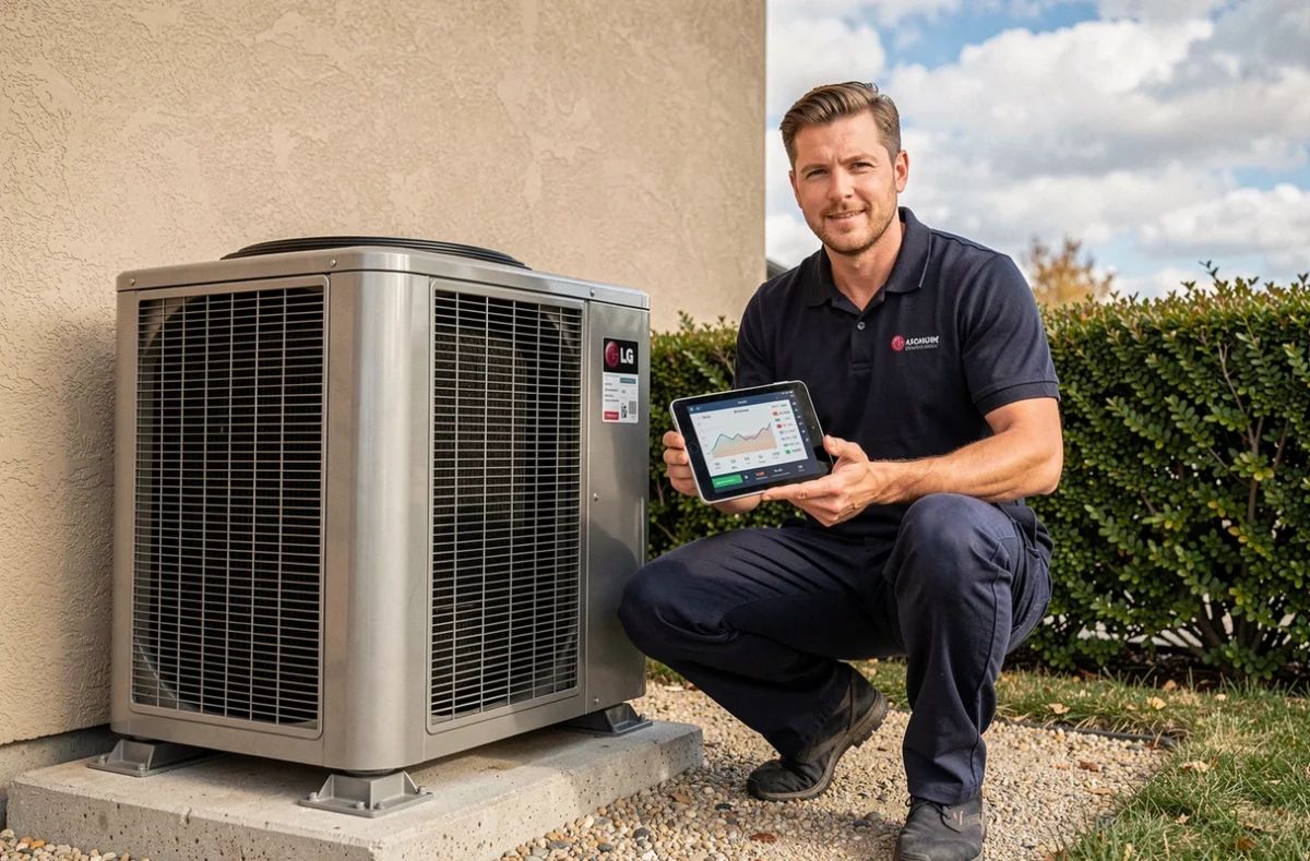 Technicien HVAC inspectant une unité extérieure de pompe à chaleur LG installée devant une maison pavillonnaire