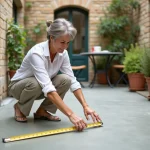 Femme mesurant une terrasse en béton dans un petit jardin urbain avec mètre ruban