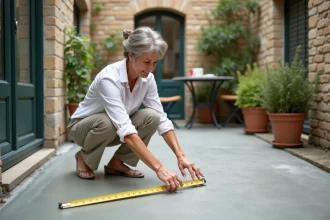Femme mesurant une terrasse en béton dans un petit jardin urbain avec mètre ruban
