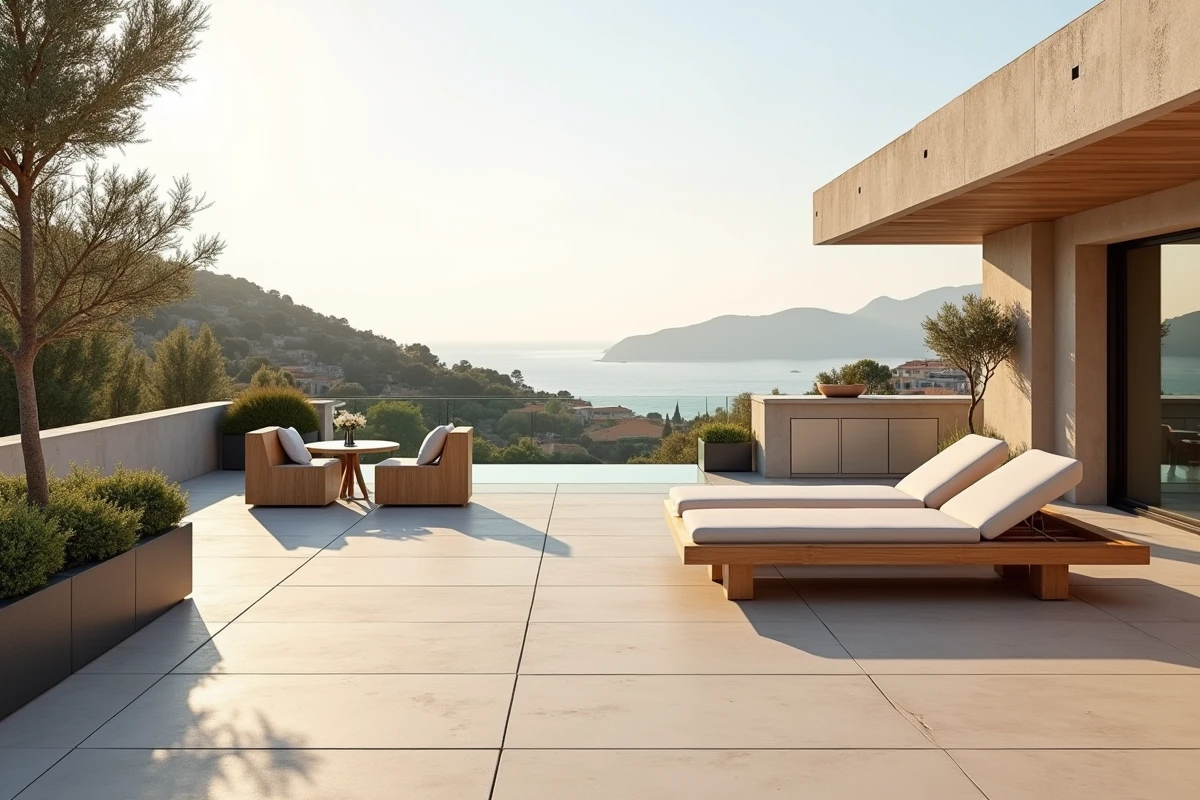 Terrasse sur toit d'une villa contemporaine avec cuisine extérieure, mobilier teck et vue panoramique sur la mer