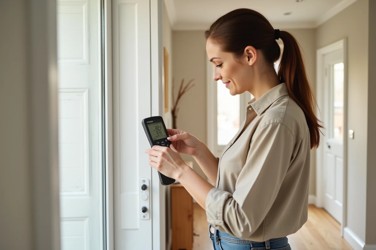 Propriétaire testant l'étanchéité à l'air d'une porte d'entrée en PVC avec un appareil de mesure