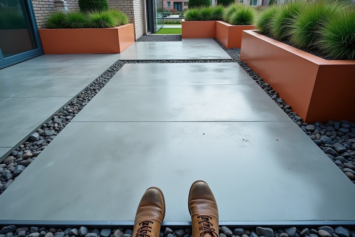 Vue aérienne de la texture d'une terrasse en béton avec bordure acier dans un jardin urbain compact