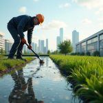 Toit végétal moderne avec fuite d'eau et inspecteur