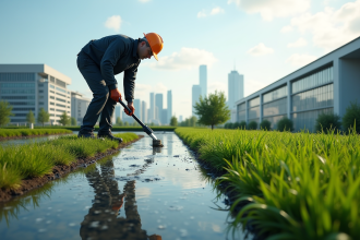 Toit végétal moderne avec fuite d'eau et inspecteur