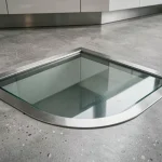Trappe en verre trempé encastrée dans un sol en béton poli de cuisine moderne avec cadre en acier inoxydable et surface antidérapante gravée