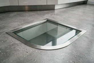 Trappe en verre trempé encastrée dans un sol en béton poli de cuisine moderne avec cadre en acier inoxydable et surface antidérapante gravée
