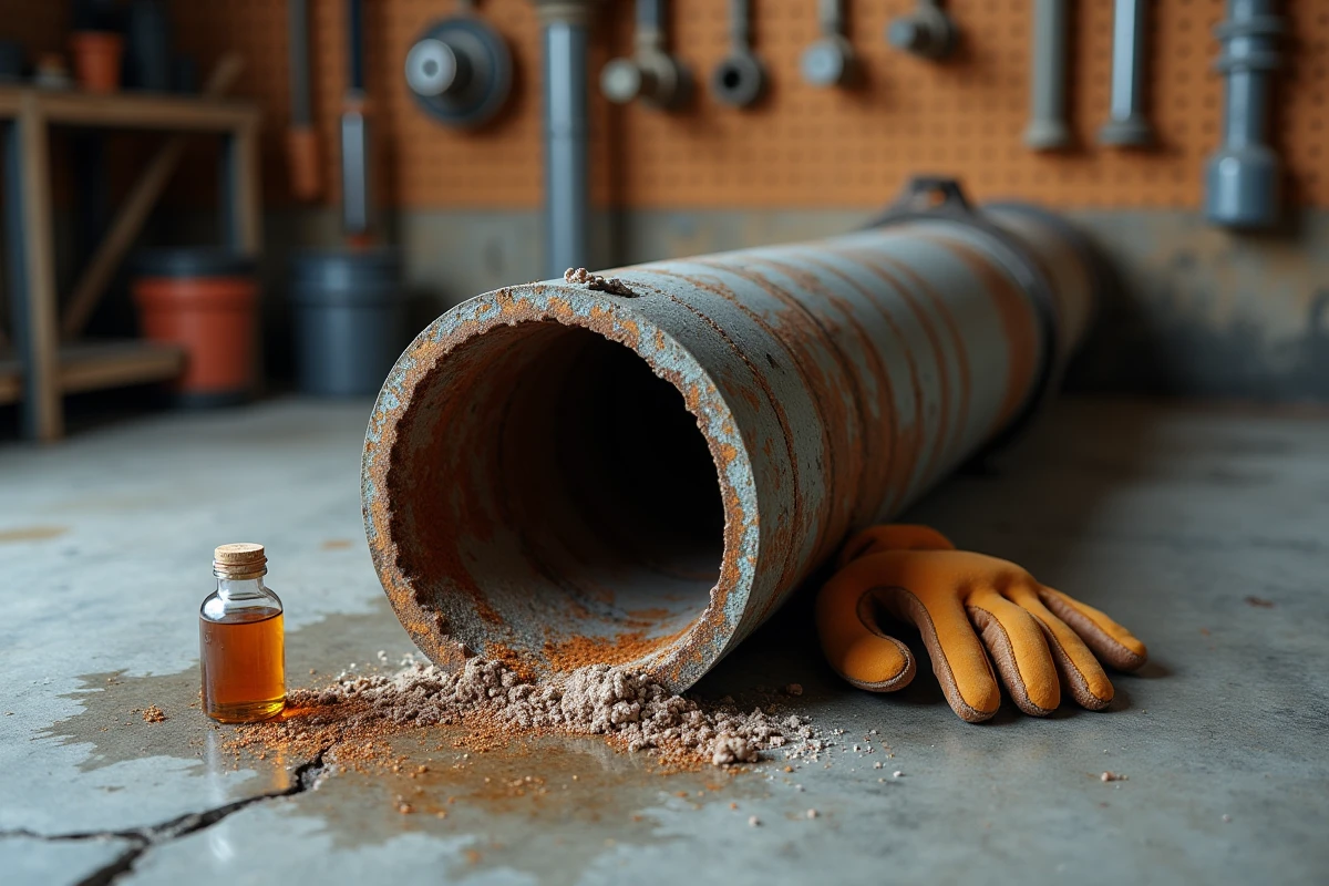 Tuyau en fonte ancien retiré montrant des dépôts calcaires et de la corrosion intérieure