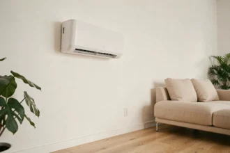 Unité intérieure de pompe à chaleur air-air montée au mur dans un salon moderne et minimaliste