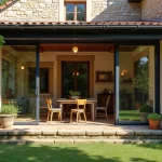 Véranda de 40m2 accolée à une ancienne maison en pierre avec ossature fer forgé et carrelage tomette