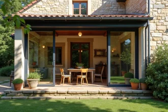 Véranda de 40m2 accolée à une ancienne maison en pierre avec ossature fer forgé et carrelage tomette