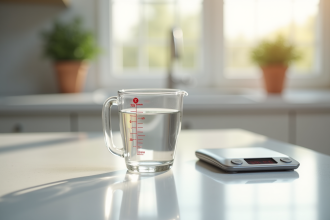 Verre mesure 250 ml sur plan de travail blanc