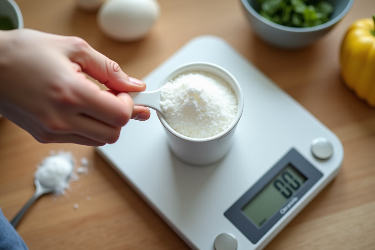 Main versant sucre sur balance digitale dans cuisine moderne