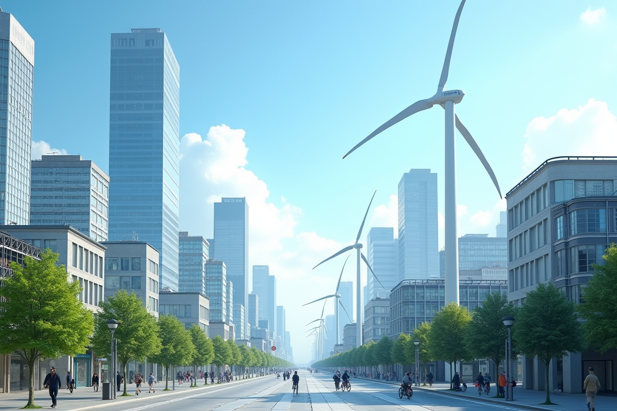Ville moderne avec éoliennes et panneaux solaires en milieu urbain