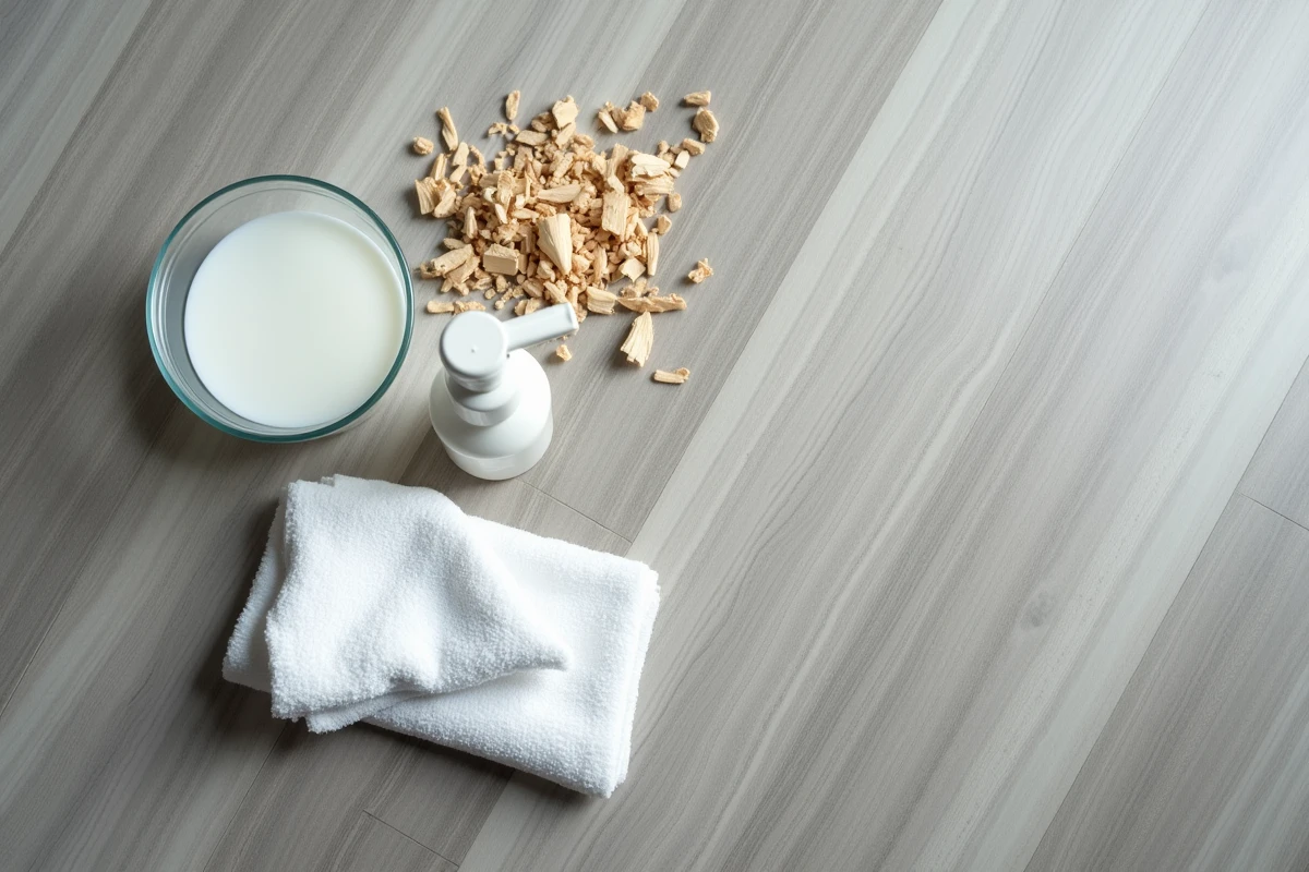 Comparaison entre vinaigre blanc et nettoyant spécial parquet stratifié posés sur un sol stratifié gris